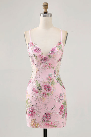Floral Bodycon Sequin Pink Homecoming Dress with Lace-up Back
